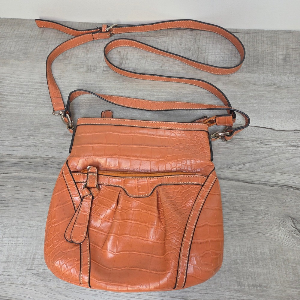 Elite Models Fashion Orange Croc Embossed Crossbody Bag Faux Leather Zip